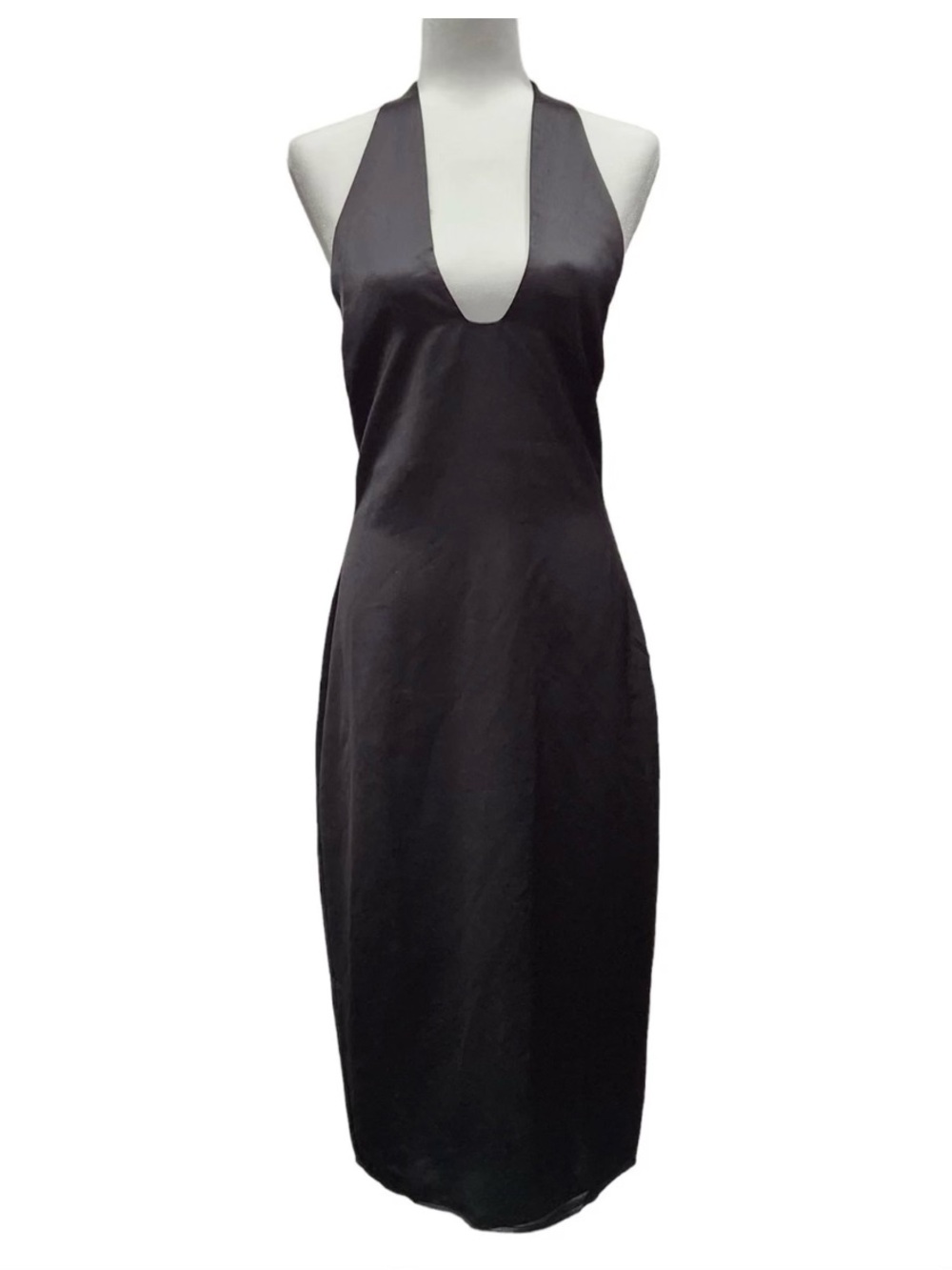 Jason Wu Black Satin Halter Plunging U-Neckline Midi Dress Medium Women’s